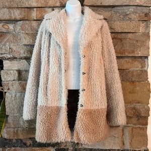 Anthropologie Elevenses Faux Fur Shaggy Teddy Coat Jacket Neutral Tan Sz Small